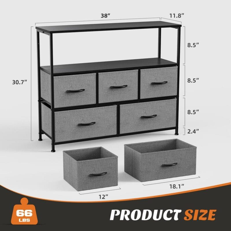 Dresser for Bedroom TV Stand with Storage Entertainment Center Dresser with 5 Fabric Drawers with Open Storage Shelf for Bedroom Living Room Hallway - Image 5