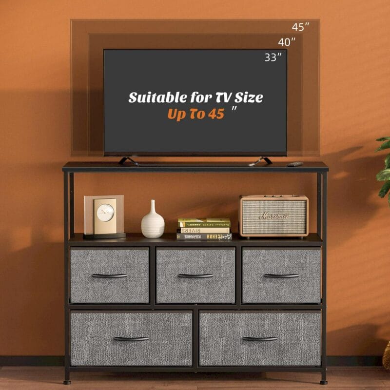 Dresser for Bedroom TV Stand with Storage Entertainment Center Dresser with 5 Fabric Drawers with Open Storage Shelf for Bedroom Living Room Hallway - Image 3