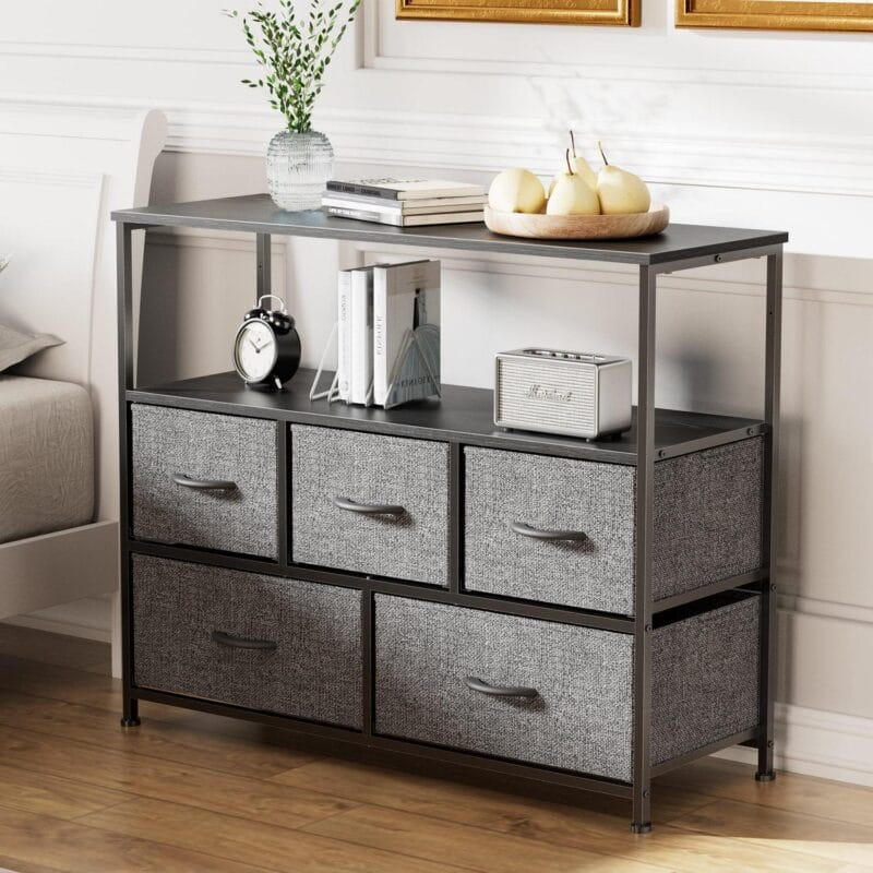 Dresser for Bedroom TV Stand with Storage Entertainment Center Dresser with 5 Fabric Drawers with Open Storage Shelf for Bedroom Living Room Hallway