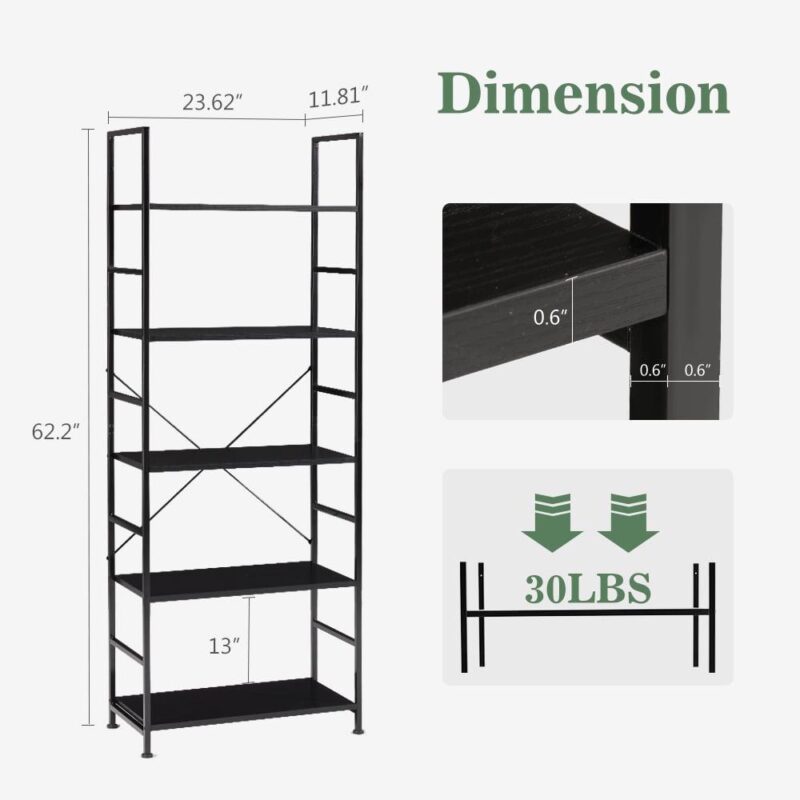 EDX Bookcase, 5 Tier Book Shelf, Storage Shelf, Classic Modern Bookcase for CDs, Movies, Books, Industrial Bookcase for Home Office, Living Room, Kitchen, Bedroom, Black - Image 3