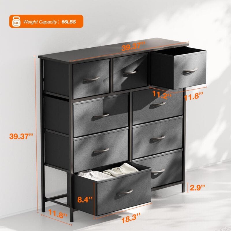 Fabric Storage Dresser with 9 Drawers, Steel Frame and Wooden Top for Bedroom, Closet, Entryway and Nursery, Gray - Image 2