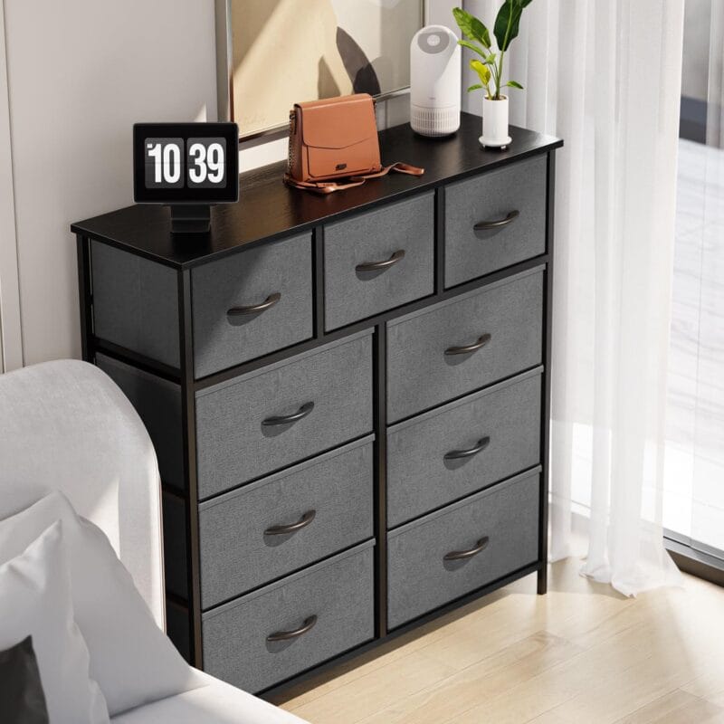 Fabric Storage Dresser with 9 Drawers, Steel Frame and Wooden Top for Bedroom, Closet, Entryway and Nursery, Gray - Image 7