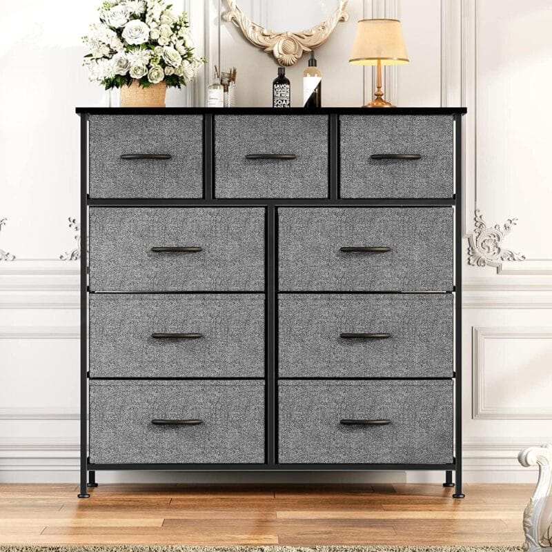 Fabric Storage Dresser with 9 Drawers, Steel Frame and Wooden Top for Bedroom, Closet, Entryway and Nursery, Gray - Image 4