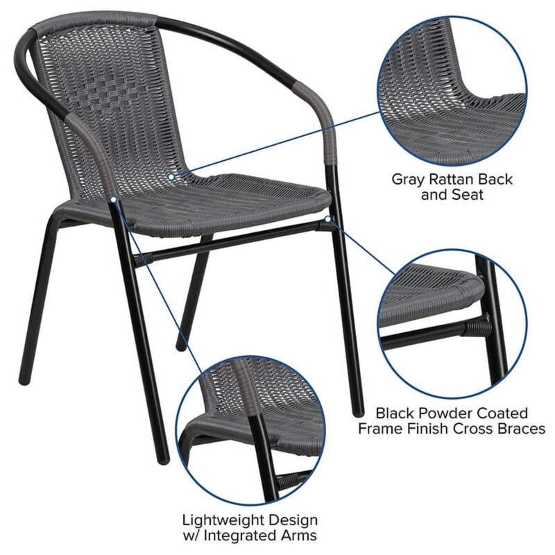 Flash Furniture Lila 2 Pack Gray Rattan Indoor-Outdoor Restaurant Stack Chair - Image 3