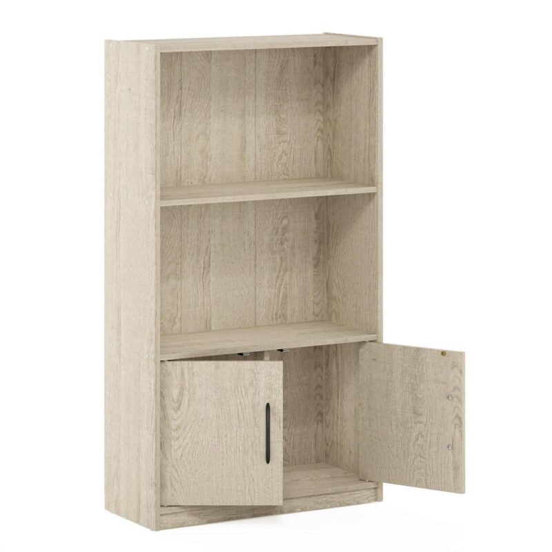 Furinno Gruen 3-Tier Open Shelf Bookcase with 2 Doors Storage Cabinet, Metropolitan Pine - Image 3