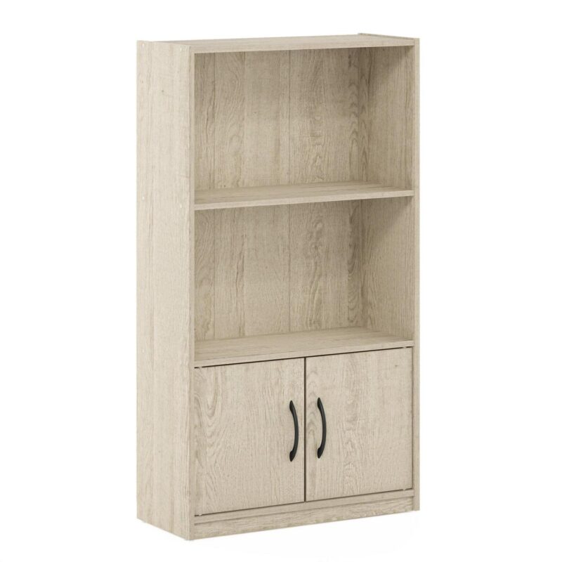 Furinno Gruen 3-Tier Open Shelf Bookcase with 2 Doors Storage Cabinet, Metropolitan Pine - Image 6