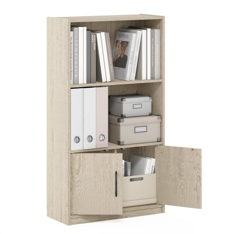 Furinno Gruen 3-Tier Open Shelf Bookcase with 2 Doors Storage Cabinet, Metropolitan Pine - Image 4