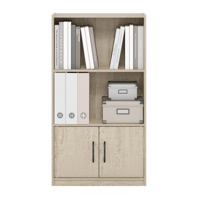 Furinno Gruen 3-Tier Open Shelf Bookcase with 2 Doors Storage Cabinet, Metropolitan Pine - Image 5