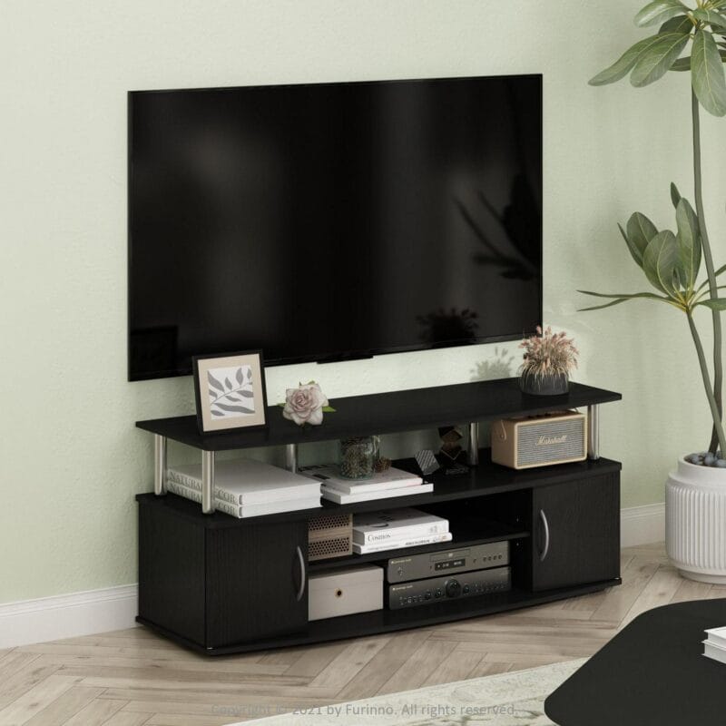 Furinno JAYA Large Entertainment Center Hold up to 55-in TV, Americano, Stainless Steel Tubes - Image 5