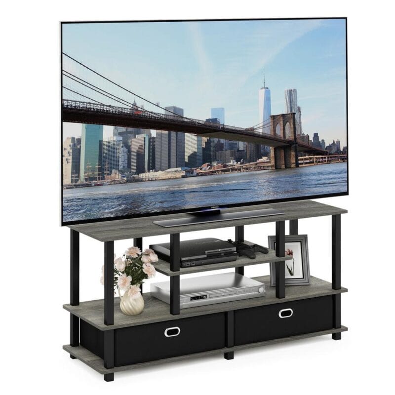Furinno JAYA Large TV Stand for up to 55-Inch TV with Storage Bin, French Oak Grey/Black - Image 4