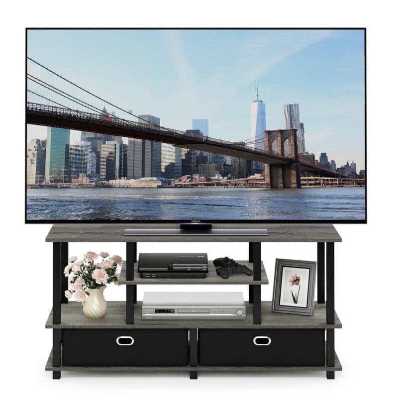 Furinno JAYA Large TV Stand for up to 55-Inch TV with Storage Bin, French Oak Grey/Black - Image 3