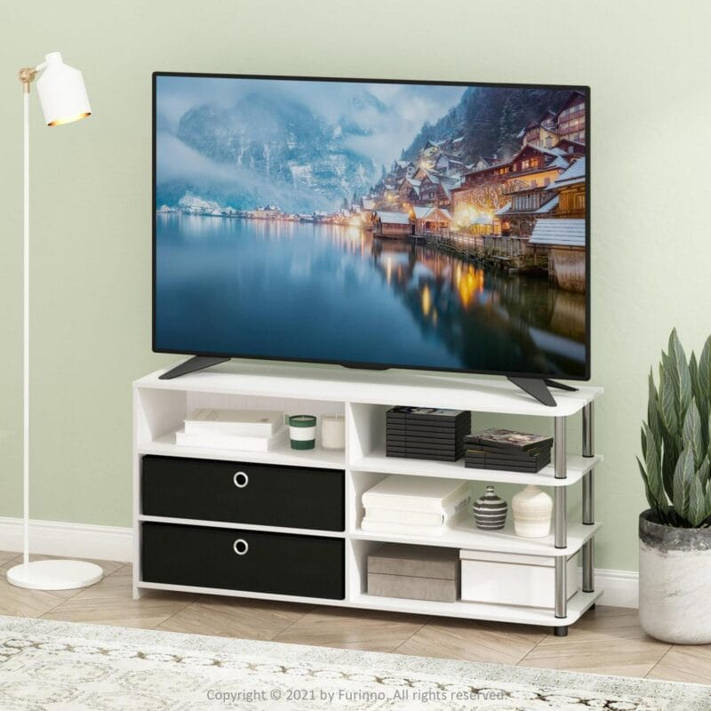 Furinno JAYA Simple Design TV Stand for up to 55-Inch with Bins, White Oak, Stainless Steel Tubes - Image 5