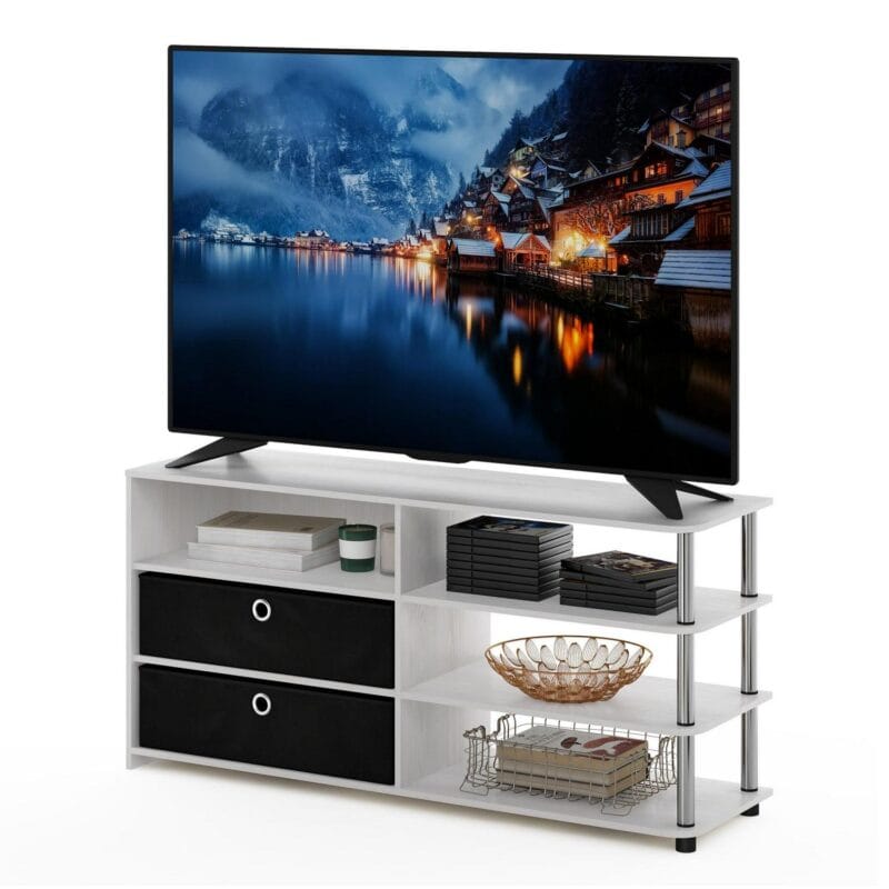Furinno JAYA Simple Design TV Stand for up to 55-Inch with Bins, White Oak, Stainless Steel Tubes - Image 3
