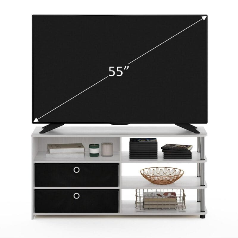 Furinno JAYA Simple Design TV Stand for up to 55-Inch with Bins, White Oak, Stainless Steel Tubes - Image 4