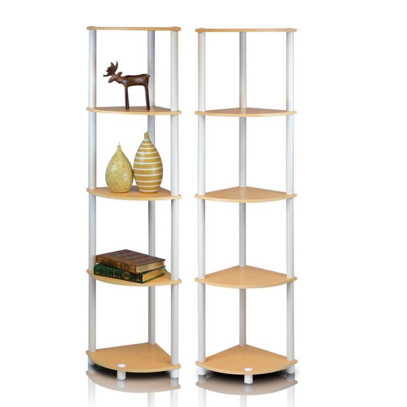 Furinno Turn-N-Tube 5 Tier Corner Display Rack Multipurpose Shelving Unit, Beech/White, Set of 2