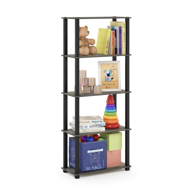 Furinno Turn-S-Tube 5-Tier Multipurpose Shelf Display Rack with Square Tubes, French Oak Grey/Black - Image 4