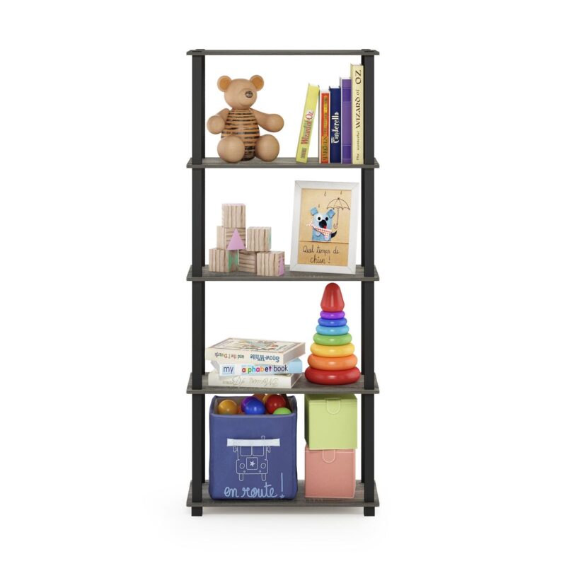 Furinno Turn-S-Tube 5-Tier Multipurpose Shelf Display Rack with Square Tubes, French Oak Grey/Black - Image 2