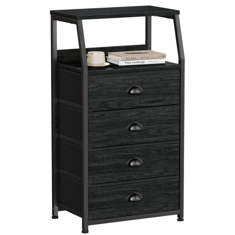 Furnulem Tall 4 Drawers Dresser, Vertical Storage Tower Black Dresser for Bedroom, Hallway, Entryway, Nursery, Closet Organizer, Nightstand Bedside Table Furniture, Sturdy Steel Frame, Wood Top
