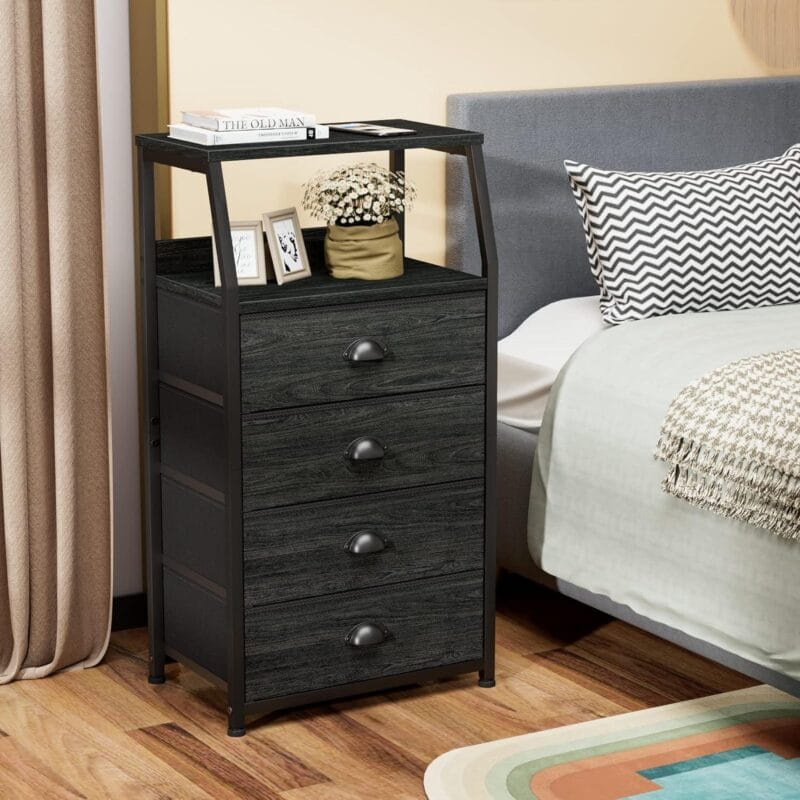 Furnulem Tall 4 Drawers Dresser, Vertical Storage Tower Black Dresser for Bedroom, Hallway, Entryway, Nursery, Closet Organizer, Nightstand Bedside Table Furniture, Sturdy Steel Frame, Wood Top - Image 3
