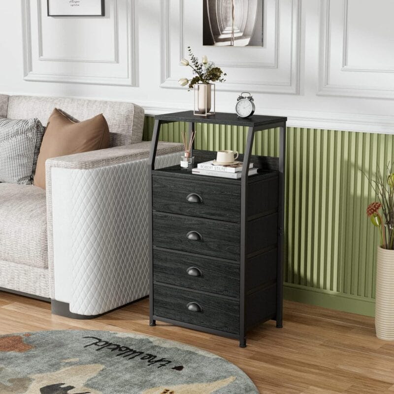 Furnulem Tall 4 Drawers Dresser, Vertical Storage Tower Black Dresser for Bedroom, Hallway, Entryway, Nursery, Closet Organizer, Nightstand Bedside Table Furniture, Sturdy Steel Frame, Wood Top - Image 4