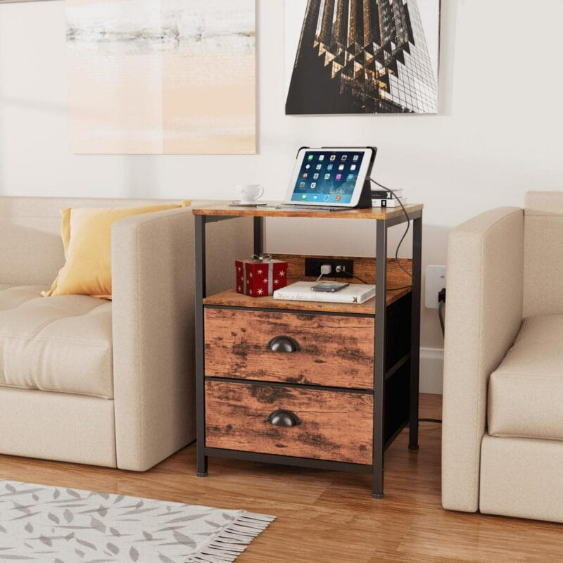 Furologee Set of 2 Nightstands, End Table with Charging Station, Bedside Tables with 2 Fabric Drawers, Night Stands with USB Ports and Power Outlets for Bedroom/Living Room/Hallway - Image 3