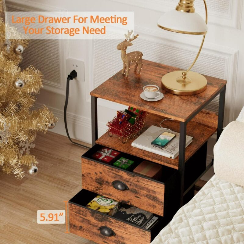 Furologee Set of 2 Nightstands, End Table with Charging Station, Bedside Tables with 2 Fabric Drawers, Night Stands with USB Ports and Power Outlets for Bedroom/Living Room/Hallway - Image 8
