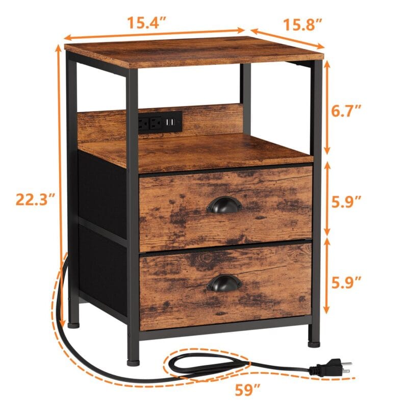 Furologee Set of 2 Nightstands, End Table with Charging Station, Bedside Tables with 2 Fabric Drawers, Night Stands with USB Ports and Power Outlets for Bedroom/Living Room/Hallway - Image 2