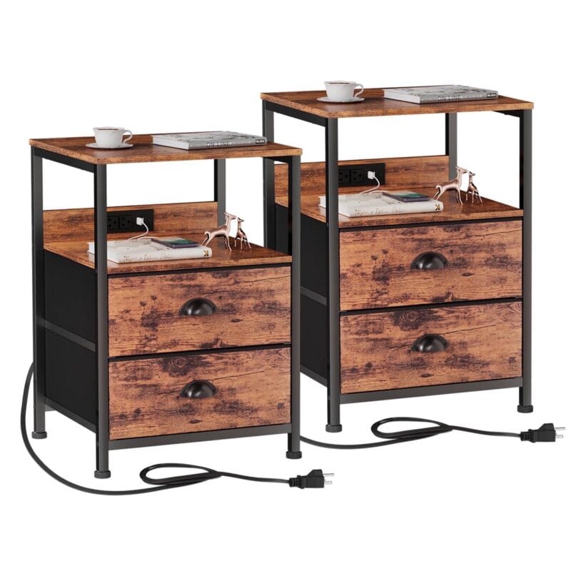 Furologee Set of 2 Nightstands, End Table with Charging Station, Bedside Tables with 2 Fabric Drawers, Night Stands with USB Ports and Power Outlets for Bedroom/Living Room/Hallway