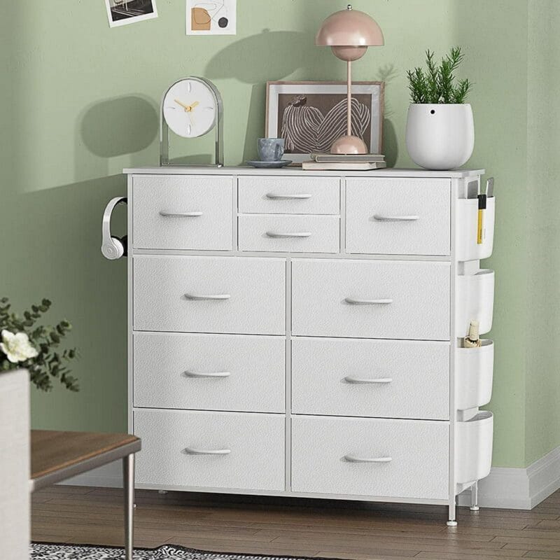 GIKPAL 10 Drawer Dresser, White Dresser Chest of Drawers Dressers for Bedroom Modern PU&Fabric Dresser Tall Dresser with Side Pockets and Hooks, White - Image 6
