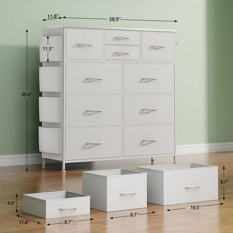 GIKPAL 10 Drawer Dresser, White Dresser Chest of Drawers Dressers for Bedroom Modern PU&Fabric Dresser Tall Dresser with Side Pockets and Hooks, White - Image 3