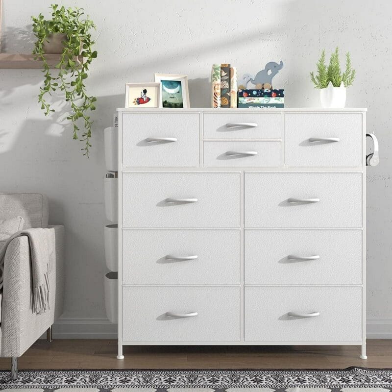 GIKPAL 10 Drawer Dresser, White Dresser Chest of Drawers Dressers for Bedroom Modern PU&Fabric Dresser Tall Dresser with Side Pockets and Hooks, White - Image 5