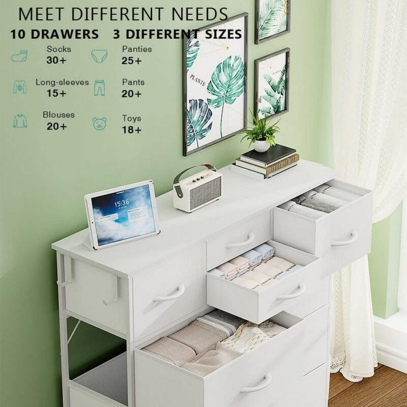 GIKPAL 10 Drawer Dresser, White Dresser Chest of Drawers Dressers for Bedroom Modern PU&Fabric Dresser Tall Dresser with Side Pockets and Hooks, White - Image 9
