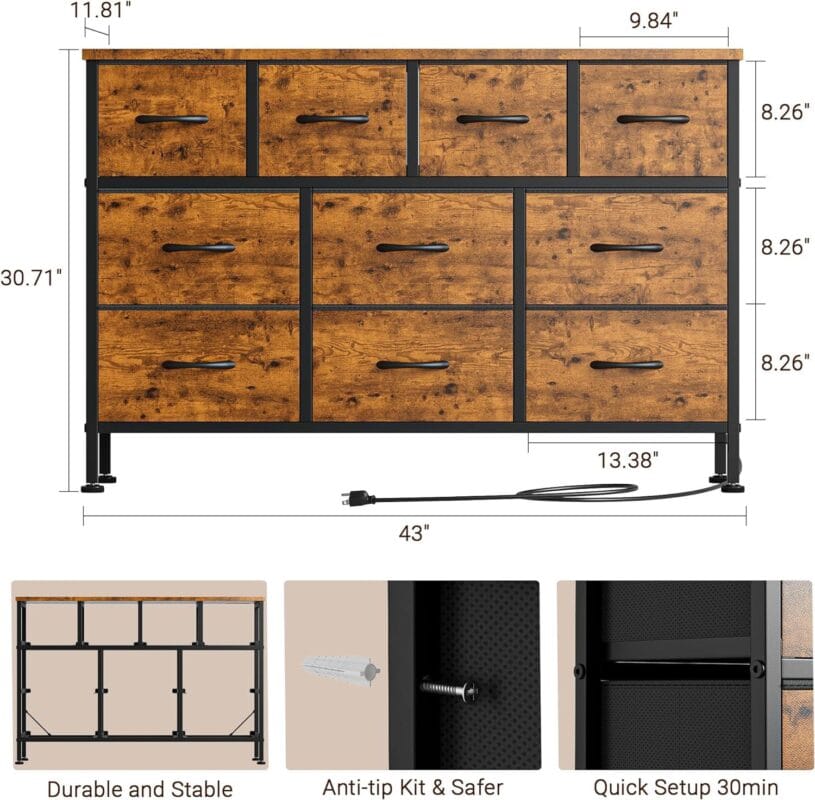 GIKPAL 10 Drawers Dresser, 47  TV Stand with Power Outlet, Bedroom Dresser for TV up to 55 , Brown - Image 8