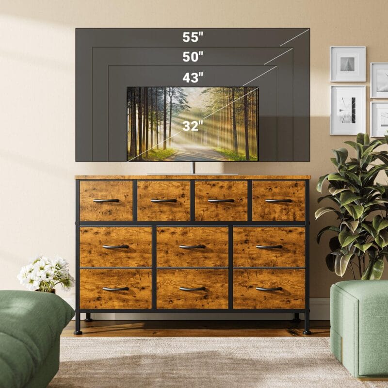 GIKPAL 10 Drawers Dresser, 47  TV Stand with Power Outlet, Bedroom Dresser for TV up to 55 , Brown - Image 3