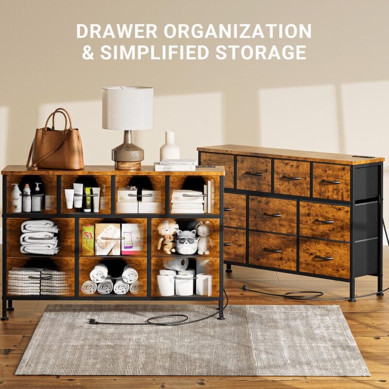 GIKPAL 10 Drawers Dresser, 47  TV Stand with Power Outlet, Bedroom Dresser for TV up to 55 , Brown - Image 4