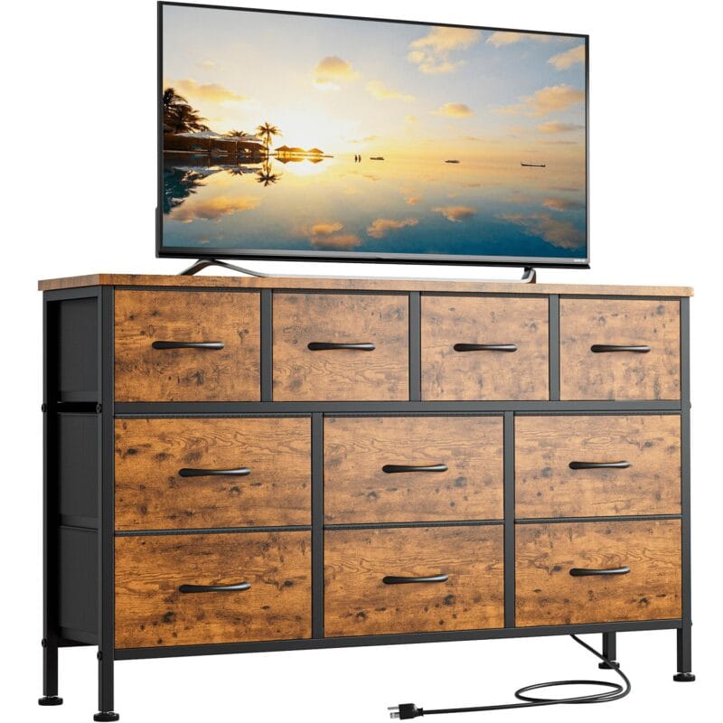 GIKPAL 10 Drawers Dresser, 47  TV Stand with Power Outlet, Bedroom Dresser for TV up to 55 , Brown