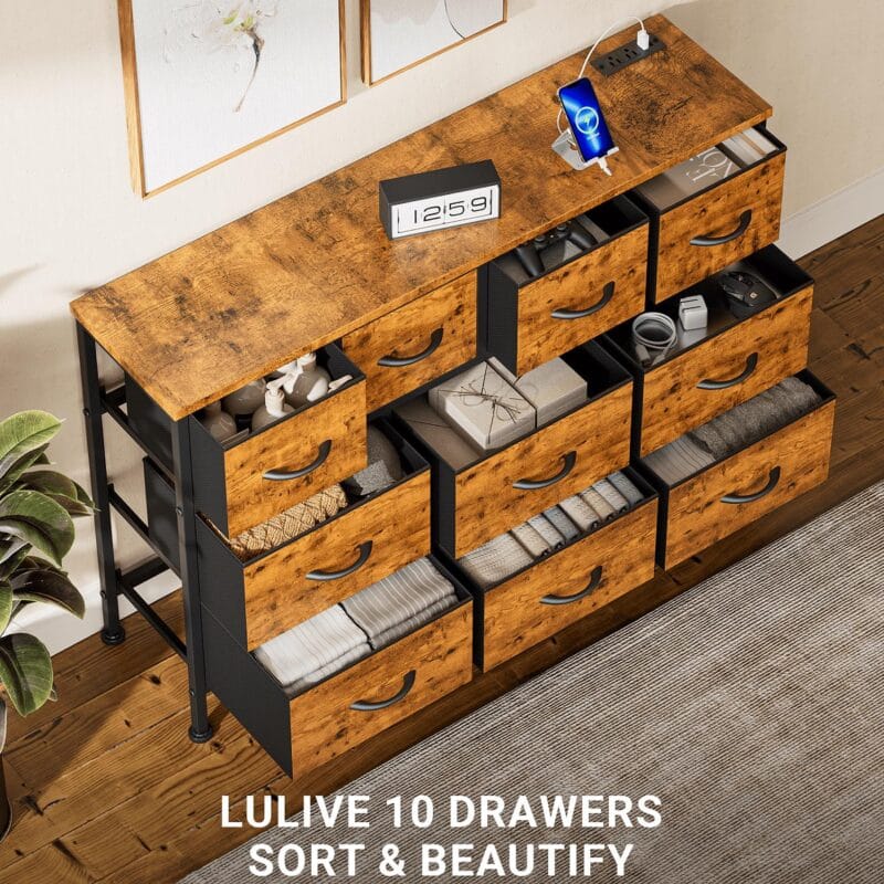 GIKPAL 10 Drawers Dresser, 47  TV Stand with Power Outlet, Bedroom Dresser for TV up to 55 , Brown - Image 6