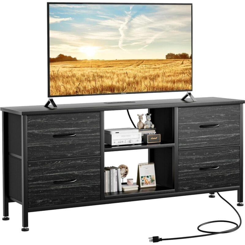 GIKPAL Black Dresser TV Stand for TVs up to 50  TV Stand Dressers for Bedrooms with 4 Drawers, Modern TV Stand Dresser
