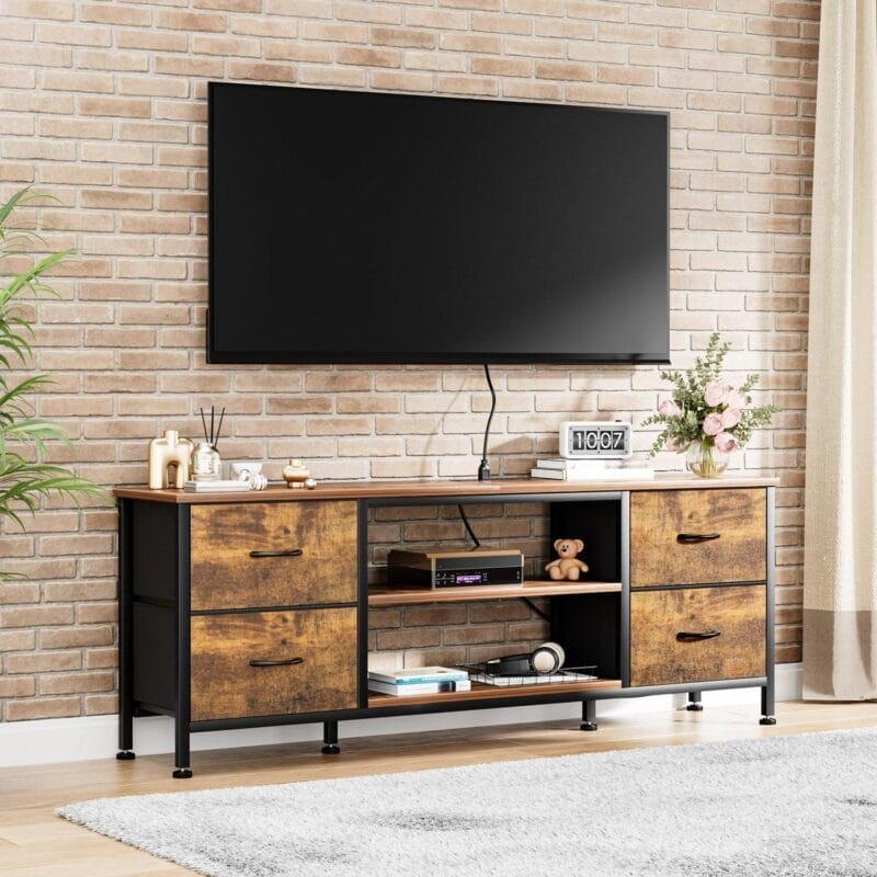 GIKPAL Dresser TV Stand, Dressers for Bedroom for 55  TV Stand with Power Outlet and 4 Fabric Chest of Drawers TV Console for Living Room, Brown - Image 7