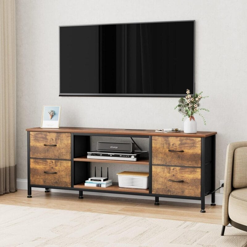 GIKPAL Dresser TV Stand, Dressers for Bedroom for 55  TV Stand with Power Outlet and 4 Fabric Chest of Drawers TV Console for Living Room, Brown