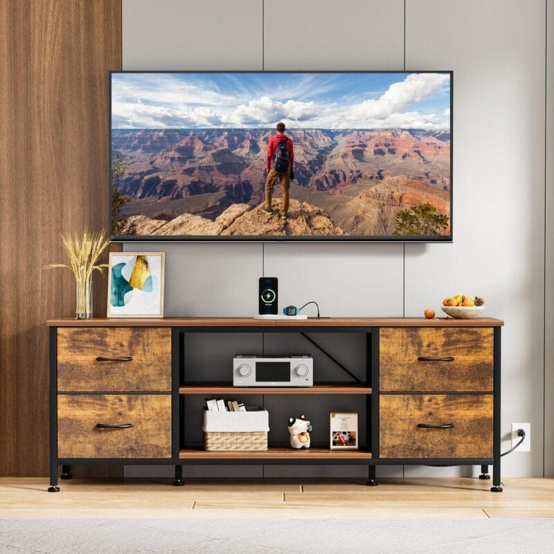 GIKPAL Dresser TV Stand, Dressers for Bedroom for 55  TV Stand with Power Outlet and 4 Fabric Chest of Drawers TV Console for Living Room, Brown - Image 2