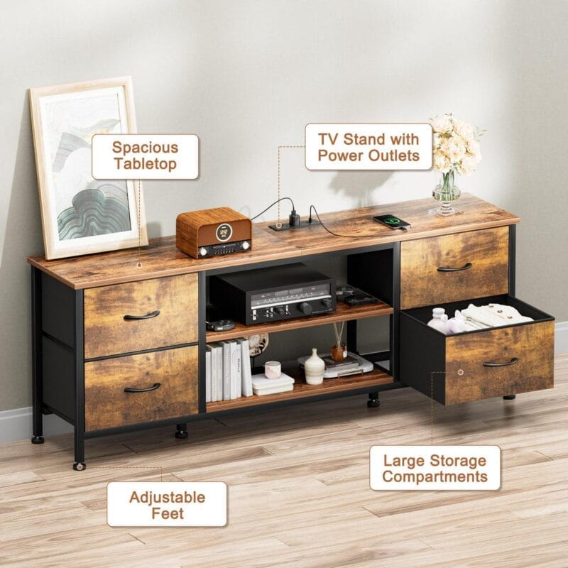 GIKPAL Dresser TV Stand, Dressers for Bedroom for 55  TV Stand with Power Outlet and 4 Fabric Chest of Drawers TV Console for Living Room, Brown - Image 5