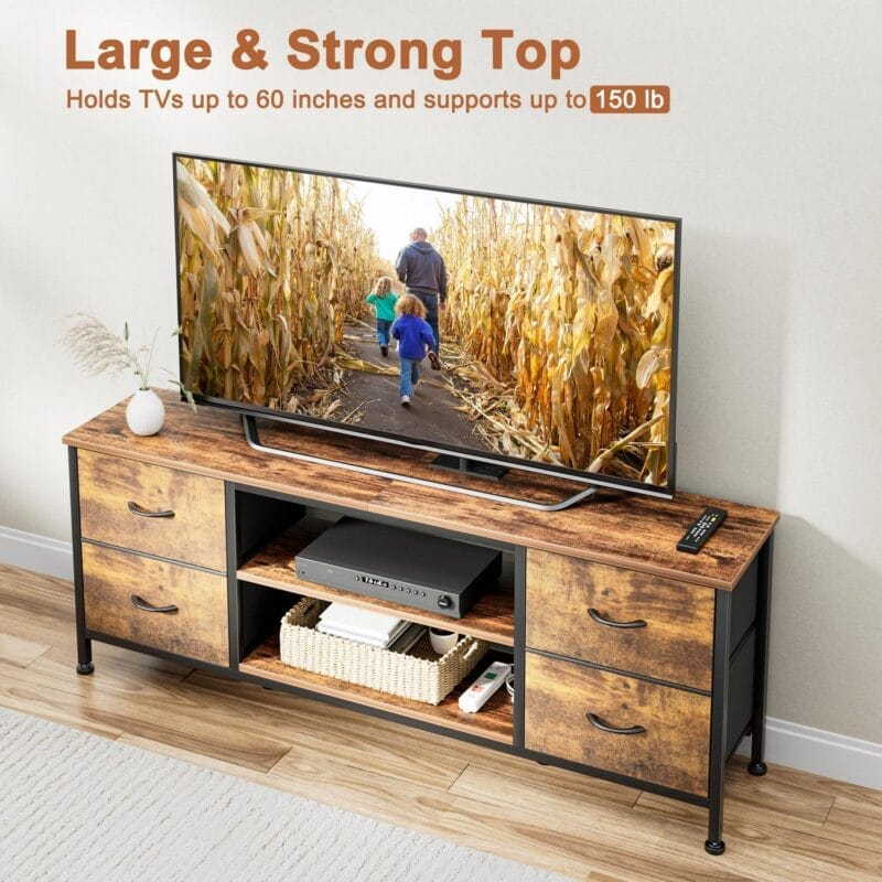 GIKPAL Dresser TV Stand, Dressers for Bedroom for 55  TV Stand with Power Outlet and 4 Fabric Chest of Drawers TV Console for Living Room, Brown - Image 9