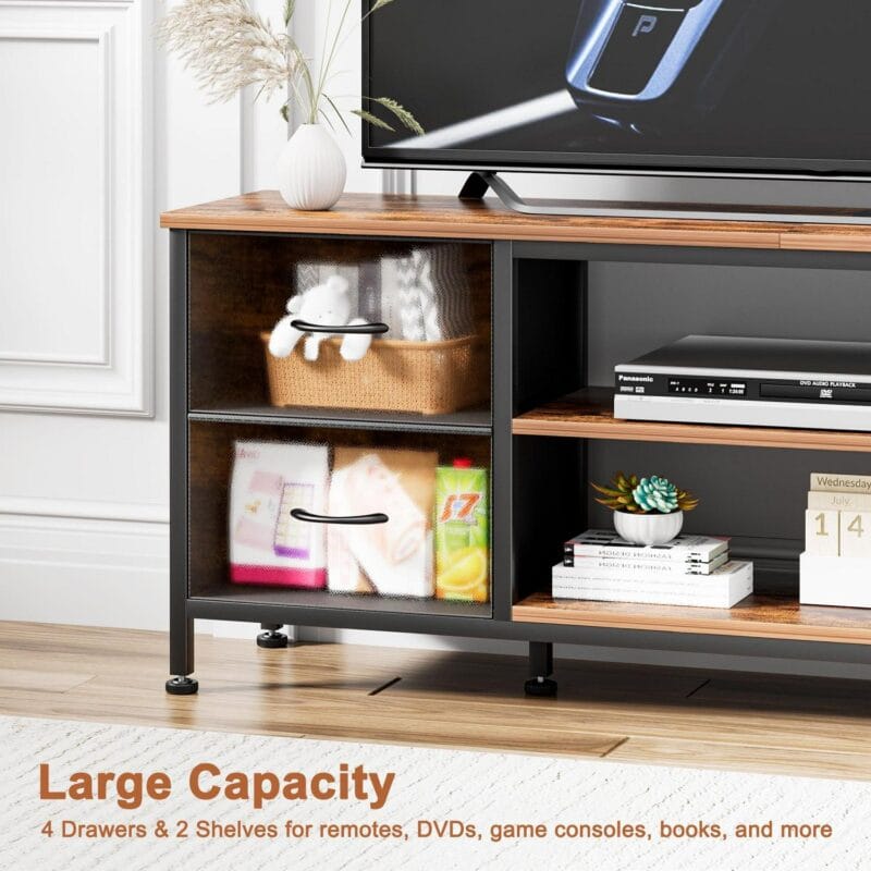 GIKPAL Dresser TV Stand, Dressers for Bedroom for 55  TV Stand with Power Outlet and 4 Fabric Chest of Drawers TV Console for Living Room, Brown - Image 6