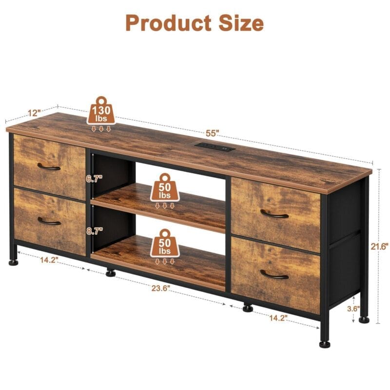 GIKPAL Dresser TV Stand, Dressers for Bedroom for 55  TV Stand with Power Outlet and 4 Fabric Chest of Drawers TV Console for Living Room, Brown - Image 3