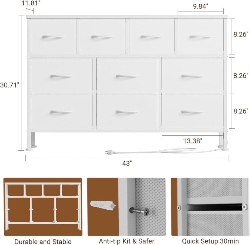 GIKPAL TV Stand with 10 Drawers Dresser and Charging Station for TVs up to 55 , White - Image 8