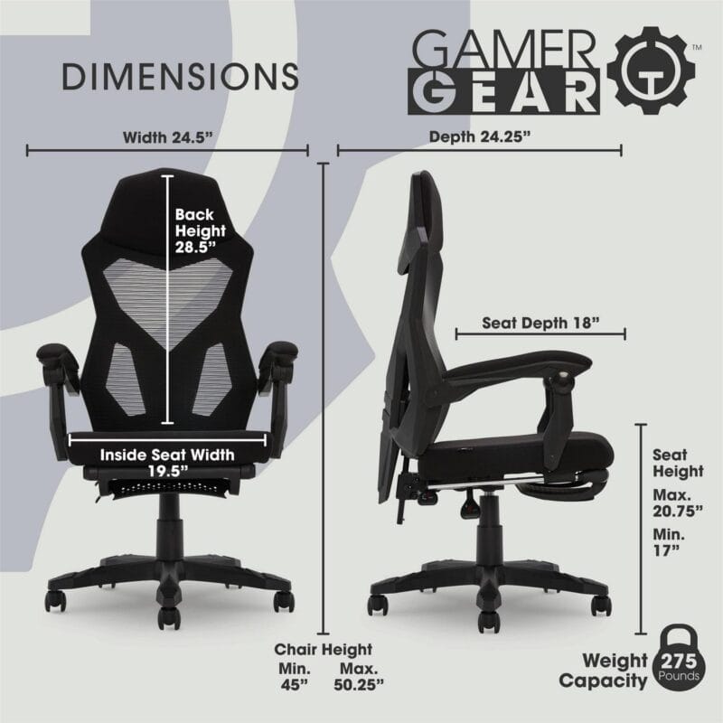 Gamer Gear Gaming Office Chair with Extendable Leg Rest, Black Fabric Upholstery - Image 3