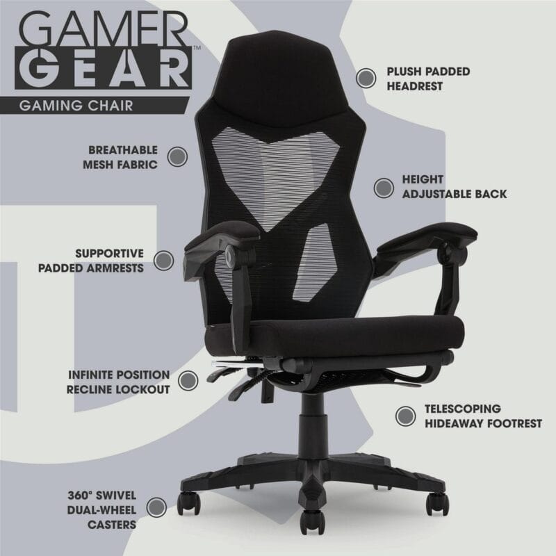 Gamer Gear Gaming Office Chair with Extendable Leg Rest, Black Fabric Upholstery - Image 4