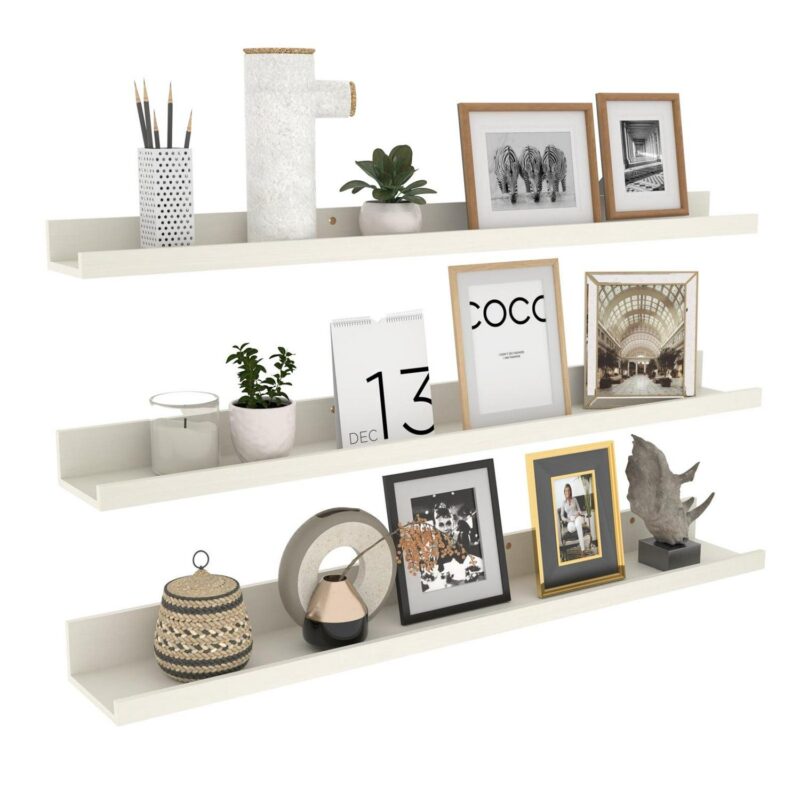 Giftgarden 36 Inch Floating Wall Shelves, Creamy White Beige Wooden Ledge Shelf Set of 3 for Bathroom Kitchen Living Room Nursery Bedroom Picture
