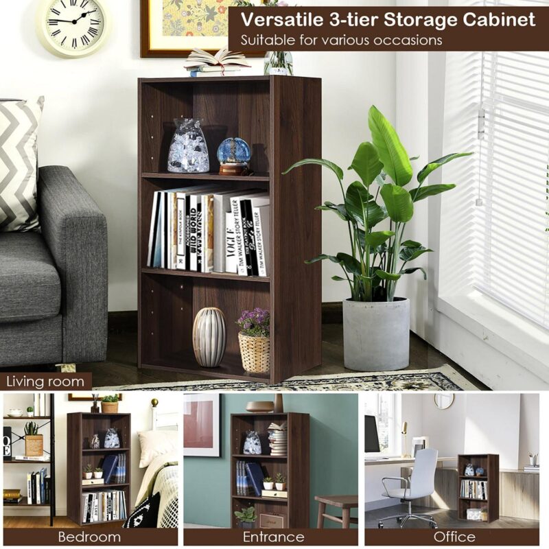 Gymax 2 PCS 3 Tier Open Shelf Bookcase Multi-functional Storage Display Cabinet Walnut - Image 9